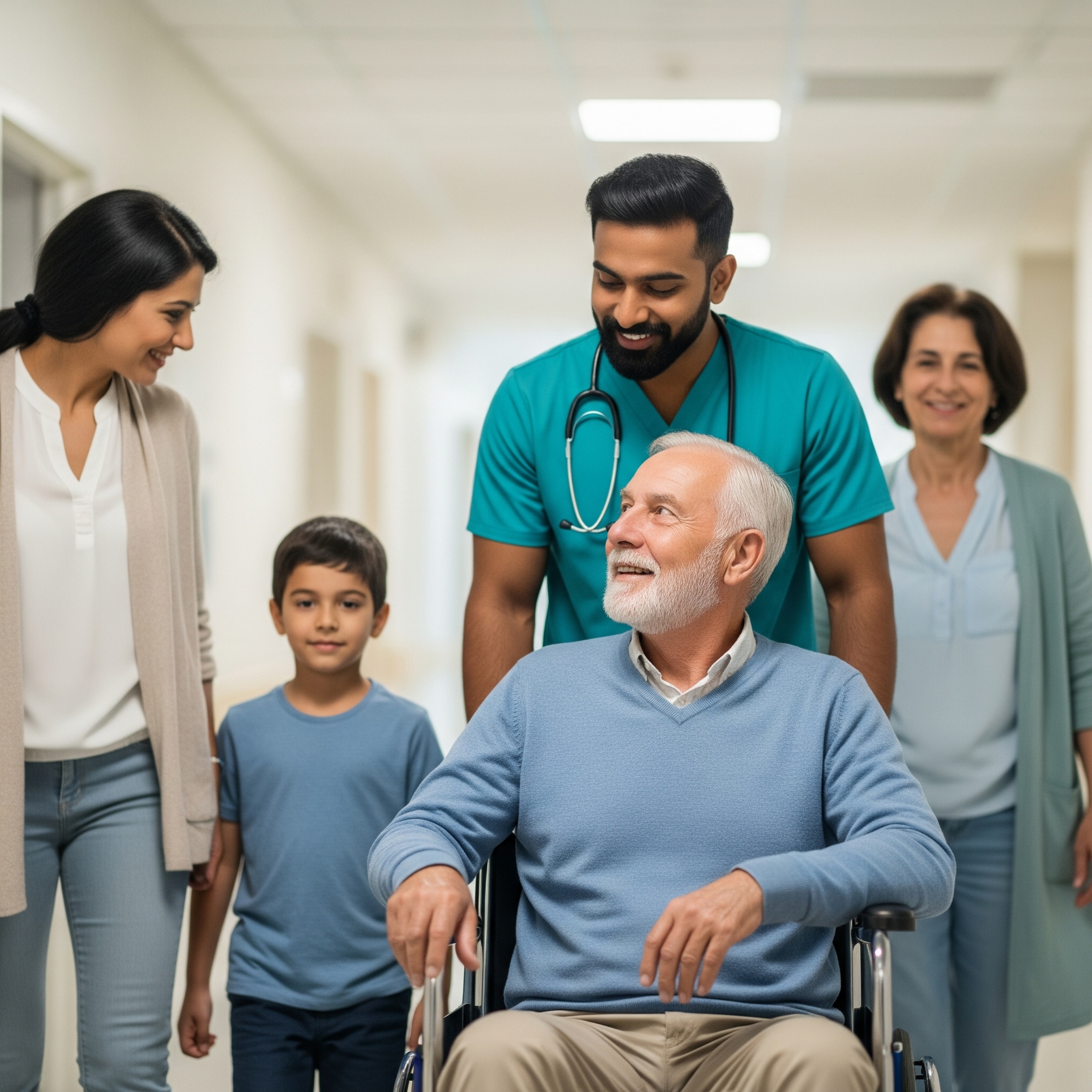 Elderly man sitting with doctor and family